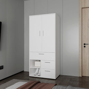 English Elm Upland Black Wood Armoire with Hanging Rod Drawers and Open Compartments B092S00277