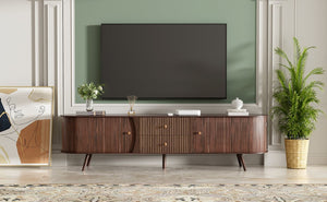 English Elm 70 Inch Mid Century Media Console with Tambour Doors Fluted Drawers and Wood Legs N710P419840P