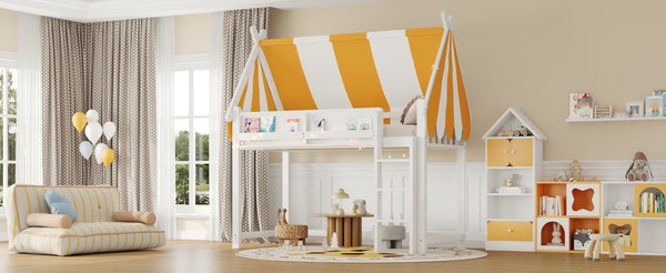 English Elm Twin Solid Wood Loft Bed with Led Lights Canopy Bookshelf for Kids Bedroom White N7090002241K