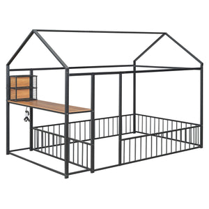 English Elm Full Size Metal House Bed Frame with Desk, Shelves, USB Power Ports & Playful Roof for Kids Room Delight Black N737P173491B