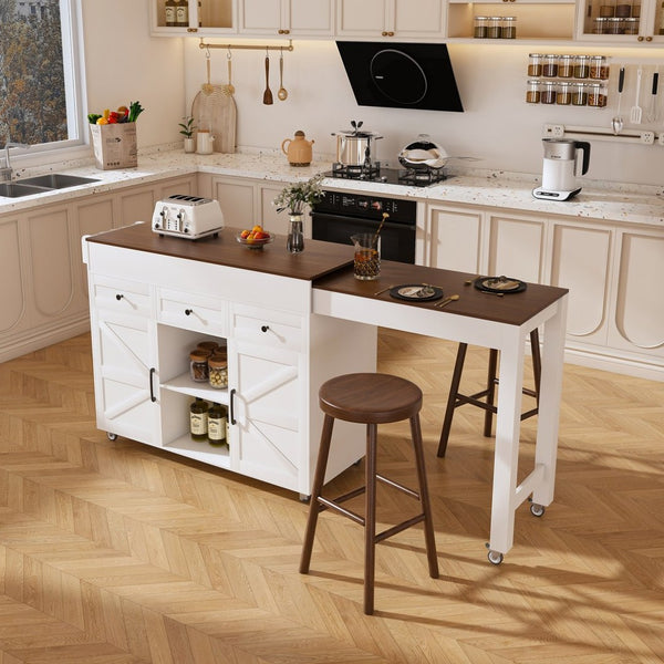 English Elm 74.8" Rolling Kitchen Island Extendable Marble Veneer Top with Power Outlet and Storage W2700S00105