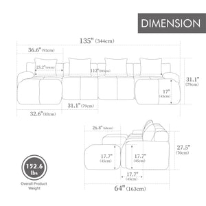 English Elm 135.4" 6-Piece U-Shaped Sleeper Modular Sectional Sofa Bed with Chaise, Tufted Fuzzy Fabric, 6-Seater Comfort Charcoal W3118S00024