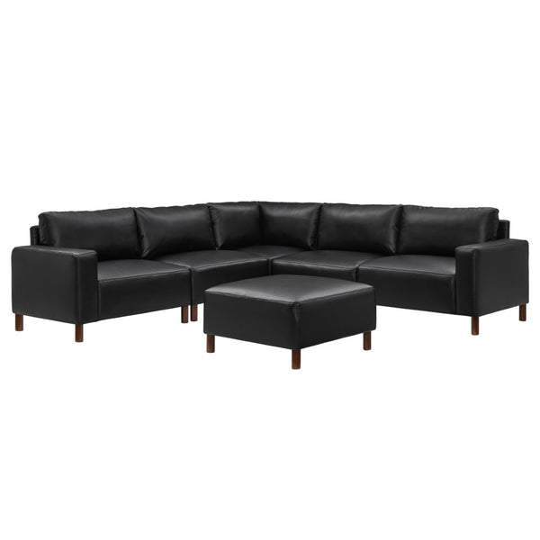 English Elm Modern Modular L-shaped Sectional in Matte Pu Leather with Ottoman Six Piece Black W1097S00264