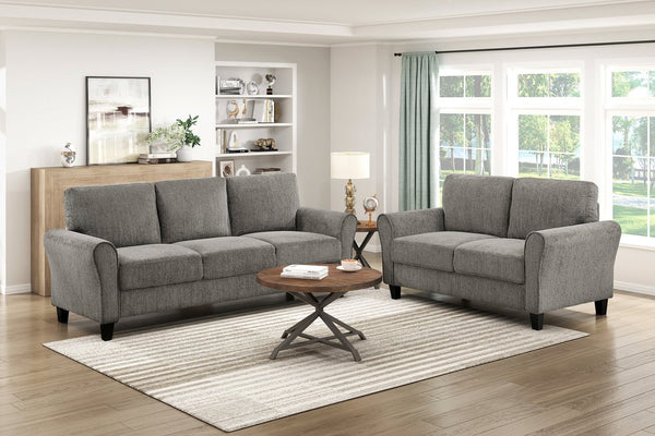 English Elm Classic Comfort 2pc Sofa Set with Chenille Upholstery, Pocket Coil Support, Rolled Arms & Exposed Feet Brown 68.5 L x 26 W x 17.5 H B011S01723