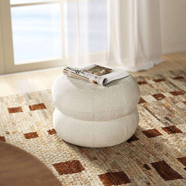 English Elm Jennifer Taylor Home - Nest Low Round Upholstered Ottoman 19.5" Almond Chenille Stacked Pouf Footrest Accent Seat, Cozy White B2719P269261