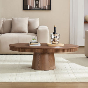 English Elm Modern Oval Handcraft Drum Coffee Table 21.65x21.65x17.72in MDF Pedestal Elegant Living Room Centerpiece Walnut W2582S00165