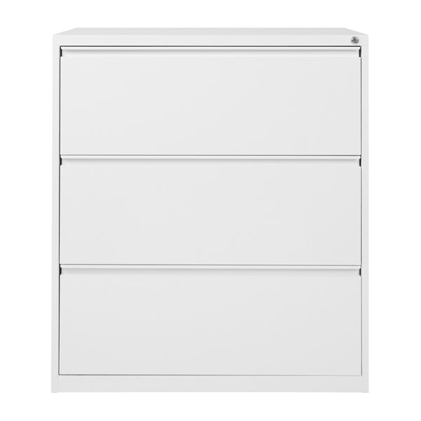 OSP Home Furnishings 36" Steel Lateral File Cabinet with Ball Bearing Drawers Locking Security and Leveling Glides 3 Glides White LF336-WH