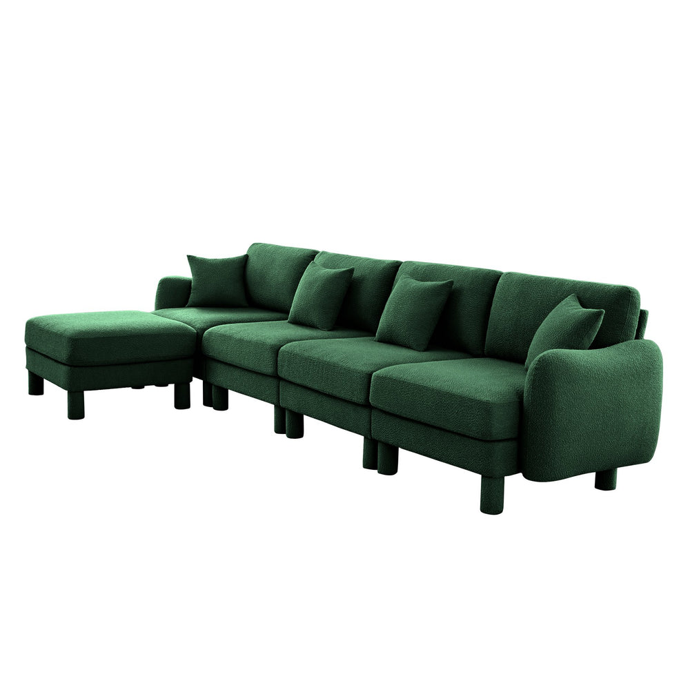 English Elm Boucle Fabric Convertible L-Shaped Sectional Sofa For 4 With Shell Armrests & Removable Ottoman, Green W3041S00312