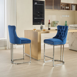 English Elm 25" High Back Velvet Counter Stools Set of 2 with Deep Button Tufting, Spring-Cushion Comfort & Chrome Base Blue W1143P217852