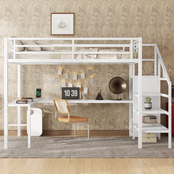 English Elm Full Size Loft Bed With L-Shaped Desk, Wardrobe, Usb, Led Light - Space-Saving Design For All Ages W1580S00133
