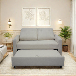 English Elm 1 Versatile Foldable Sofa Bed in Beige Velvet – 3-Length Convertible Pull-Out with USB, Storage, Swivel Phone Stand and Ashtray W1183S00014