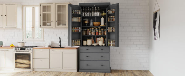English Elm Topmax Farmhouse Pantry Cabinet 77 Inch Tall Freestanding Kitchen Storage with Drawers Gray N717S000047E