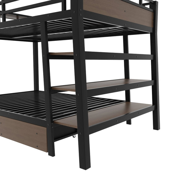English Elm Full Size Metal Loft Bed with Stair Storage Shelves Bookshelf for Dorms Bedroom W1580S00347