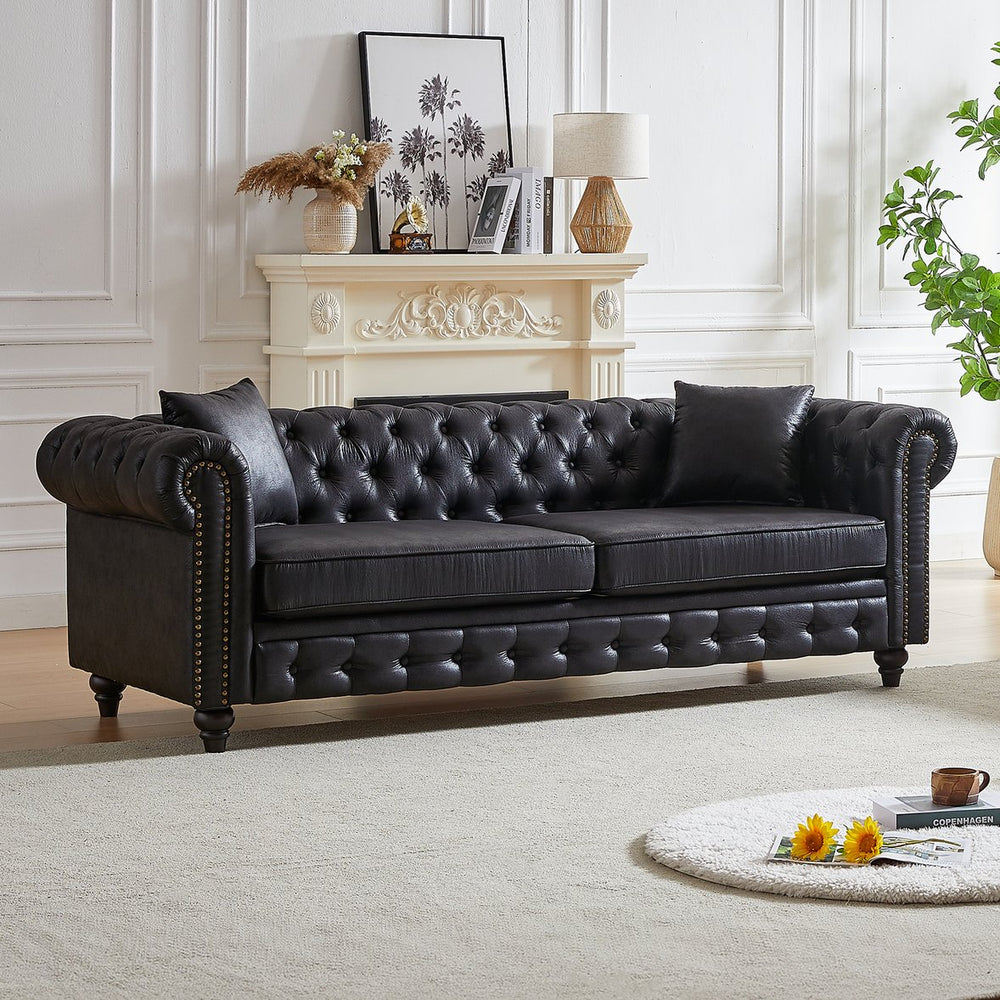 English Elm Fx Elegant Chesterfield 85.5" 3-Seater Sofa With Tech Fabric, Rolled Arms, Cushions For Any Space W1926S00035