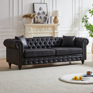 English Elm Fx Chesterfield Sofa Hand Tufted Tech Fabric Three Seat Living Room Couch Black W1926S00109