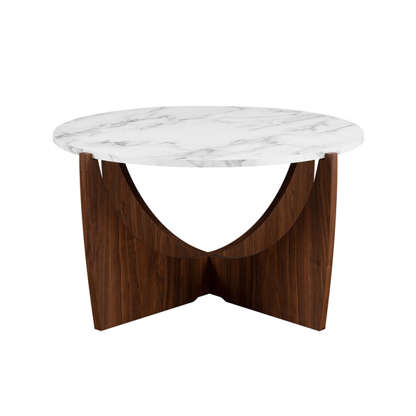 35" Round Coffee Table with Open Crossed Arch Base Calacatta Marble, Dark Walnut LNAL1KCMDW Walker Edison