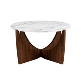 35" Round Coffee Table with Open Crossed Arch Base Calacatta Marble, Dark Walnut LNAL1KCMDW Walker Edison