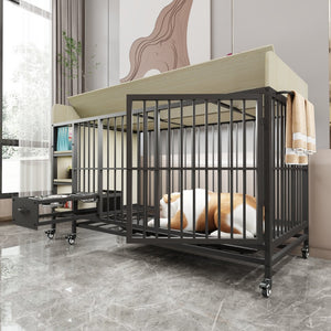 English Elm Large Iron Mdf Pet Enclosure with Storage Cabinet Rolling Casters and Steel Feeding Basins W3064P245384