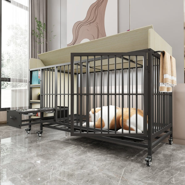 English Elm Large Iron Mdf Pet Enclosure with Storage Cabinet Rolling Casters and Steel Feeding Basins W3064P245384