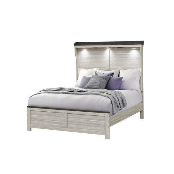 English Elm Augusta Solid Wood Full Bed with Lit Panel Headboard, Low Profile Sturdy Construction, Stylish Beige+Brown 60.83 L x 10.24 W x 49.41 H B201S00392