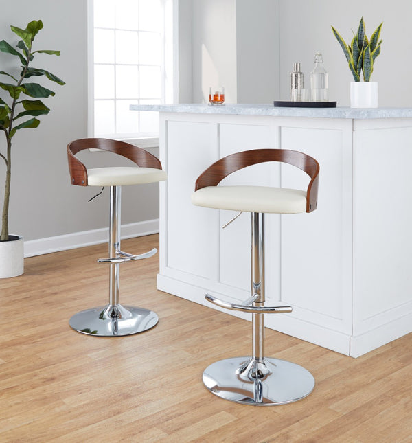English Elm Adjustable Swivel Barstools with Chrome Base Walnut Accents Cream Upholstery Set of 3 B202S02033