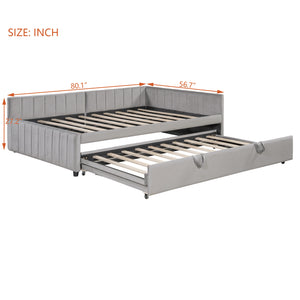 English Elm Full L-Shaped Upholstered Daybed with Twin Pop-Up Trundle, Vertical Stripe Design, Cozy Lounge Style (98) Gray SF000191AAE