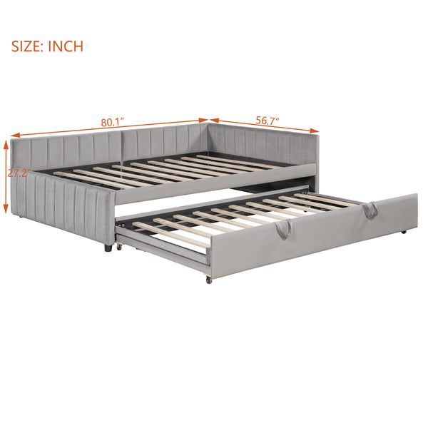 English Elm Full L-Shaped Upholstered Daybed with Twin Pop-Up Trundle, Vertical Stripe Design, Cozy Lounge Style (98) Gray SF000191AAE