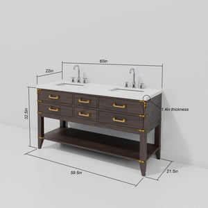 English Elm Brown Oak Double Bath Vanity With White Quartz Top & 28 In. Mirrors - Elegant Storage Solution! B2731S01632