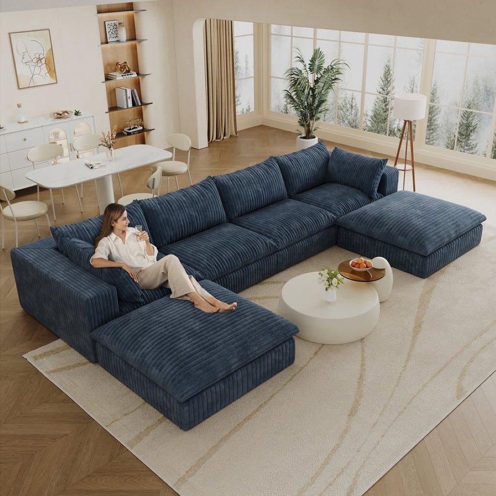 English Elm 157.6" Corduroy Modular Cloud Sofa Feather Fill Deep Lounge Seating for Living Room Blue W2824S00154