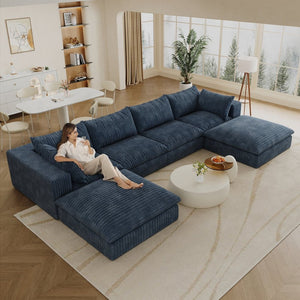English Elm 157.6" Corduroy Modular Cloud Sofa Feather Fill Deep Lounge Seating for Living Room Blue W2824S00154