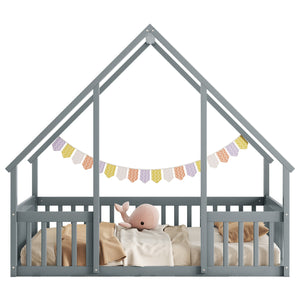 English Elm Full House-Shaped Floor Bed with Fence and Guardrails, Pine Wood Play Loft for Imaginative Kids Retreat Grey W504P143293