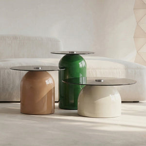 English Elm Nesting Coffee Tables Set of 3 Round Tempered Glass Top Steel Base Living Room W2920S00148