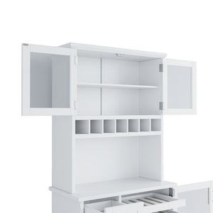 English Elm Topmax Farmhouse Buffet Hutch with Wine Rack Shaker Glass Pantry Cabinet White N717P327043K