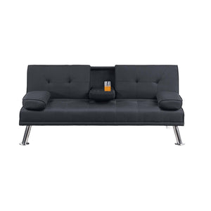 English Elm Living Convertible Faux Leather Sofa with Tufted Upholstery, Fold-Down Table and Cup Holders, Metal Legs Black 39 L x 8 W x 67 H B011P381499