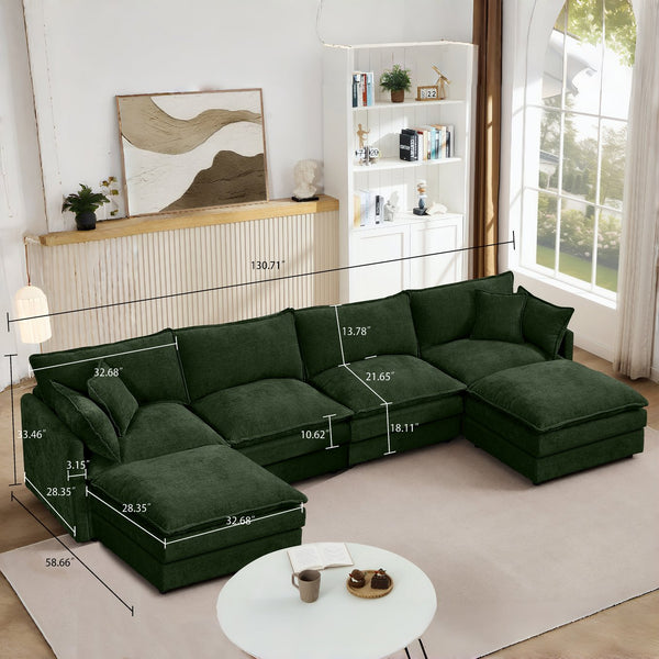 English Elm Modular U-Shaped Sectional Sofa - 130.7 Inch Cozy 4-Seater Couch With Movable Ottomans, Green Chenille W1359S00041