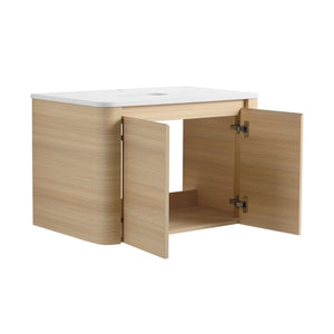 English Elm 30'' Wall-Mounted Bathroom Vanity with Soft-Close Doors, Rounded Edges, Plywood Durability, Space-Saving Ameican White Oak W999P348975