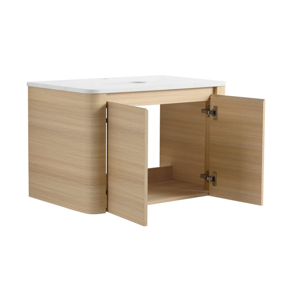 English Elm 30'' Wall-Mounted Bathroom Vanity with Soft-Close Doors, Rounded Edges, Plywood Durability, Space-Saving Ameican White Oak W999P348975