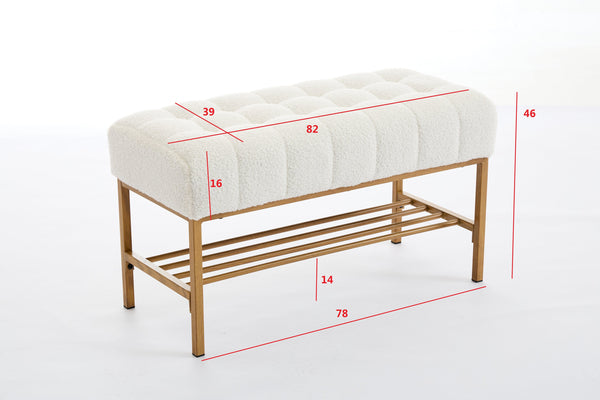 English Elm End of Bed Bench with Teddy Upholstery and Shelf — Modern Storage Shoe Ottoman with Metal Legs, 33.8" White W2725P237654