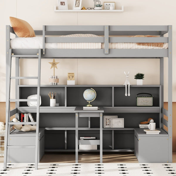 English Elm Twin Low Loft Bed with Pull Out Desk Drawers Cabinet and Shelves for Kids Grey W697S00035