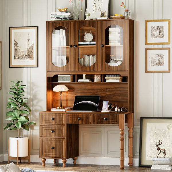 English Elm 47'' Retro Desk with Charging Ports, 5 Drawers & Glass-Door Hutch Cabinet for Home Office Walnut N733S357626D