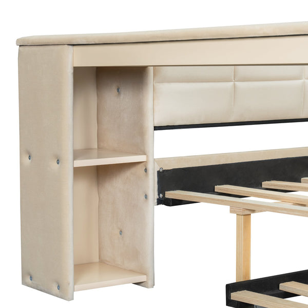 English Elm Full Size Upholstered Platform Bed With Desk, Usb Charging, Trundle & Storage Shelves In Beige Velvet N7090000604A