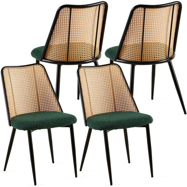 English Elm Green Rattan Dining Chairs Set Of 4 - Stylish Boucle Upholstered Seats With Natural Cane Backs W1164P218674