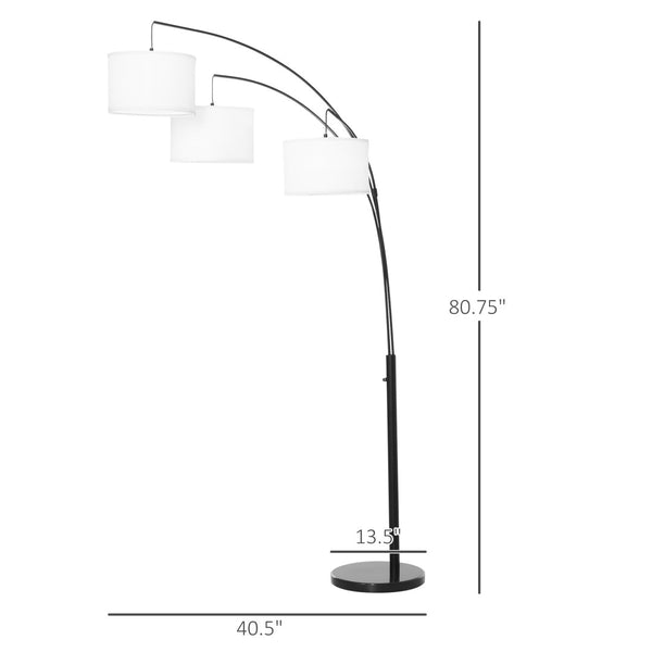 English Elm Floor Arc Lamp Trio with Marble Base and Three Drum Shades for Ambient Living Room Glow T3971P388065