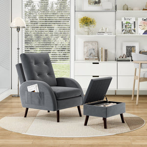 English Elm Upholstered Velvet Accent Chair and Ottoman with Storage, Tufted Design, 6-Level Adjustable Backrest Dark Gray T3623P411376