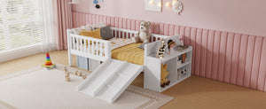 English Elm Twin Low Loft Kids Bed with Fun Slide Climbing Structure and Movable Bookshelf White W2593P437109