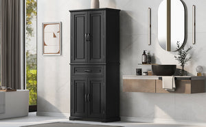 English Elm Bathroom Tall Storage Cabinet with Doors and Drawer, Adjustable Shelf, Anti-Tip Safety, MDF Finish Black N725P210330B
