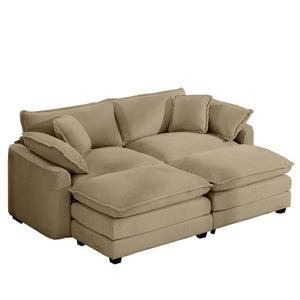 English Elm Corduroy Two-Seater Sofa With Ottoman & Footrest - Chic Tan Sofa For Small Spaces & Cozy Living Areas W714S00791