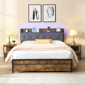 English Elm Queen Upholstered Storage Bed with LED Headboard, 2 Drawers, USB Charging Station, Easy Assembly W311P284694