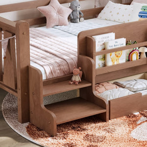 English Elm Twin Pine Floor Bed with Guardrails Built-in Bookcases and Stair Steps for Kids Natural W1580P430200