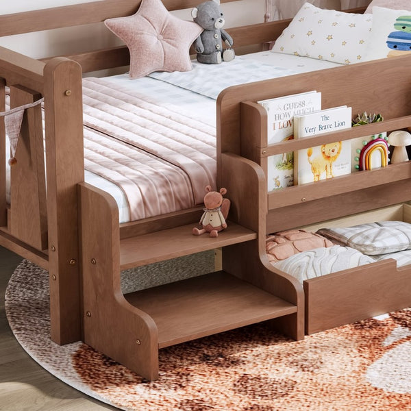 English Elm Twin Pine Floor Bed with Guardrails Built-in Bookcases and Stair Steps for Kids Natural W1580P430200